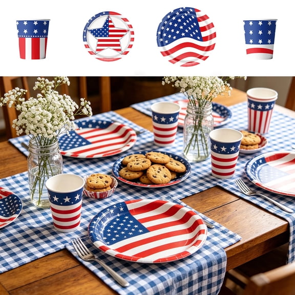 Hyknon 24Pcs 4th of July Paper Plates Party Favors Supplies Patriotic American Flag Dessert Plates 250th Anniversary Disposable Dinnerware Sets for Indepedence Day Memorial Day Dinig Kitchen