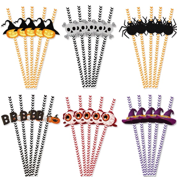 Hyknon 24Pcs Halloween Disposable Paper Straws, Pumpkin/Skull/Spider/Witch Hat/Bat/Eyeball Drinking Straws, Decorative Straw for Trick or Treat Halloween Juices Shakes Cocktail Party Supplies, Orange