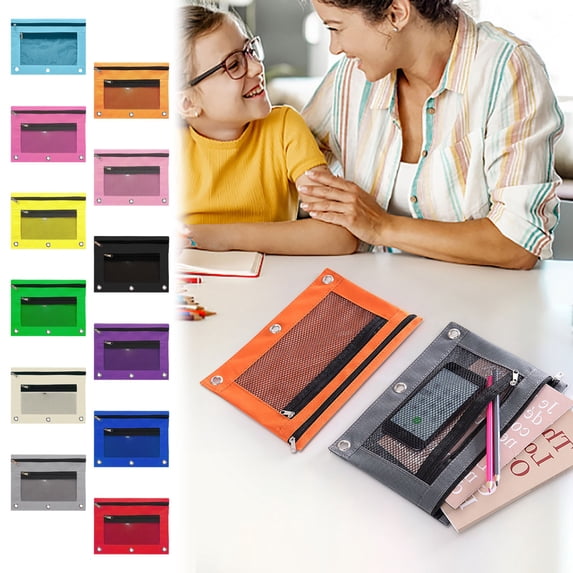 Hyknon 2PC Pencil Pouch 3 Ring Binder Pencil Cases, Oxford Pencil Bag with Smooth Zipper Mesh Clear Window, Pencil Cases Pouch for Binder, 3 Reinforced Grommets, Pouch Cute Pencil Cases 9.8x7.1 In