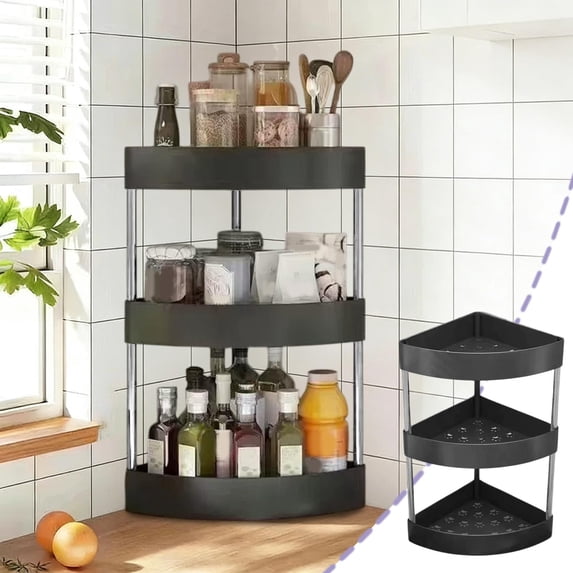 Hyknon 3-Tier Corner Counter Organizer, Counter Organizer Desktop Organizer, Bathroom Countertop Spice Rack, Triangular Corner Shelf, Countertop Storage Shelf for Kitchen Living Room Bedroom, Black