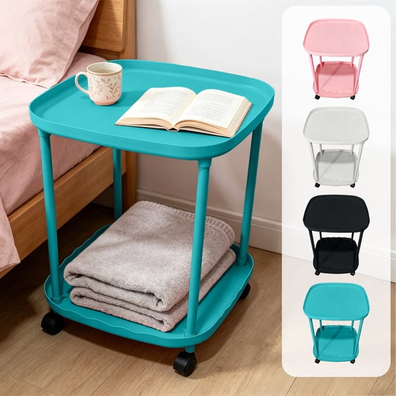 Hyknon 2-Tier Rolling Utility Cart, Rounded Edge Movable Side Table, Movable Narrow Space Storage Shelf Trolley with Wheels, Plastic Multi-Functional End Table for Bathroom Bedroom Kitchen, Black