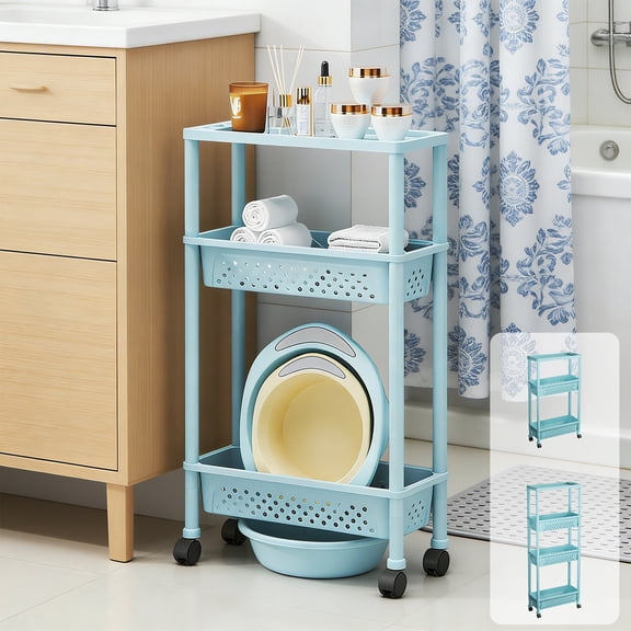 Hyknon 3 Tier Slim Storage Cart, Mobile Shelving Unit Organizer with Wheels, Plastic Slide Out Storage Rolling Utility Cart, Storage Rack Tower Rack for Kitchen Bathroom Laundry Narrow Places, Blue