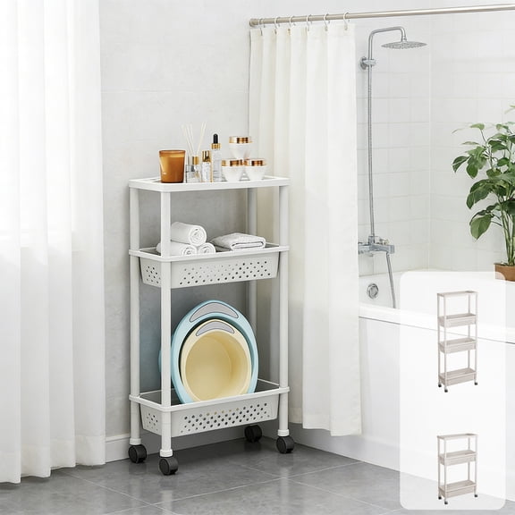 Hyknon 3 Tier Slim Storage Cart, Mobile Shelving Unit Organizer with wheels, Slide Out Storage Rolling Utility Cart, Plastic Stainless Steel Tower Rack for Kitchen Bathroom Narrow Places, White