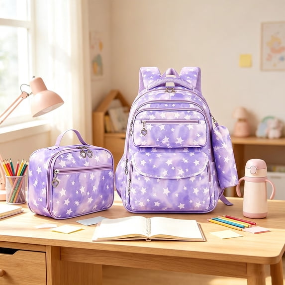 Hyknon 3Pcs Backpack Set, Stars Large Capacity Multi-layered Shoulder Bag with Lunch Bag Pencil Case, Multi‑Pocket Sturdy Durable Ajustable Shoulder Backpack, Lightweight Daypack for Daily Outdoor