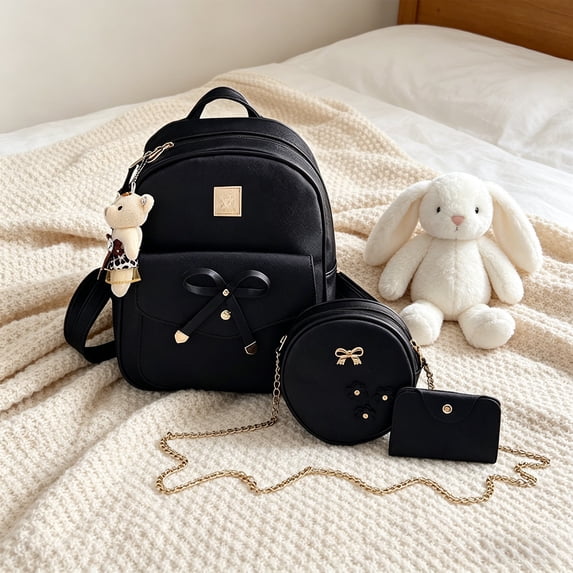Hyknon 3Pcs Backpack Set for Women, Cute Bowknot Backpack Set with Crossbody Bag & Wallet, Flower Crossbody Bag with Adjustable Straps, Pendant Casual Daily Daypack for Shopping Casual Outing, Black