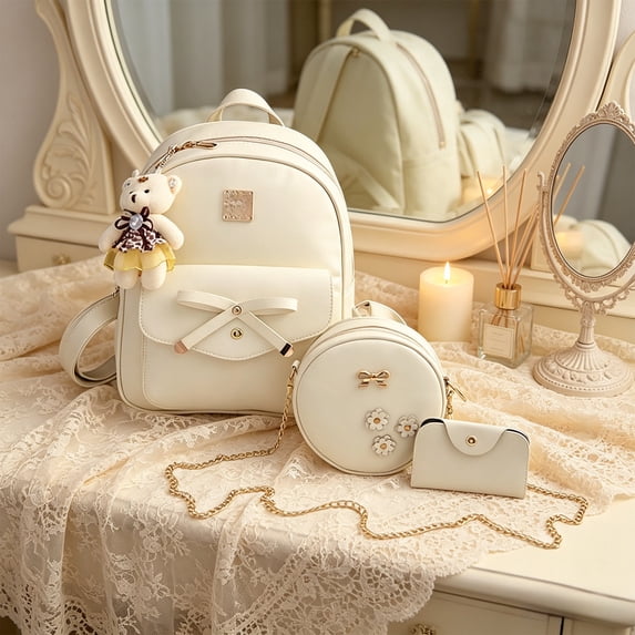 Hyknon 3Pcs Backpack Set for Women, Cute Bowknot Backpack Set with Crossbody Bag & Wallet, Flower Crossbody Bag with Adjustable Straps, Pendant Casual Daily Daypack for Shopping Casual Outing, White