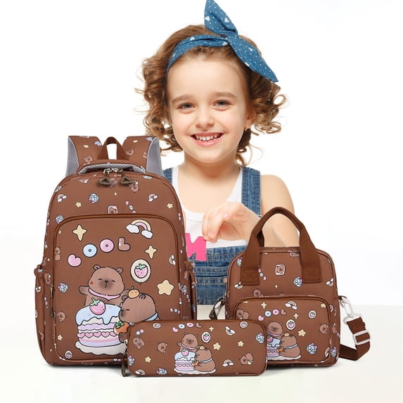 Hyknon 3Pcs Backpack Set for Women, Cute Cartoon Large Backpack Set with Lunch Bag Pencil Case, Multi-Layers Pocket Durable Backpack, Lightweight Casual Daypack for Outdoor Campus Daily Use, Brown
