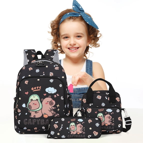 Hyknon 3Pcs Backpack Set for Women, Cute Cartoon Large Backpack Set with Lunch Bag Pencil Case, Multi-Layers Pocket Durable Backpack, Lightweight Casual Daypack for Outdoor Campus Daily Use, Black