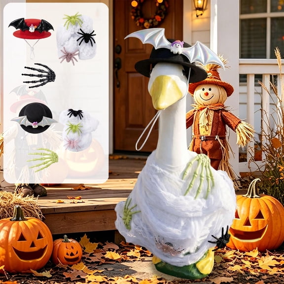 Hyknon 3Pcs Halloween Goose Costume Set, Porch Goose Statue Decor Outfit with Bat Wing Hat Fuzzy Spider Gauze Wrap Skeleton Hand, Lawn Goose for 23" Statue Halloween Outdoor Patio Garden Yard Decor B
