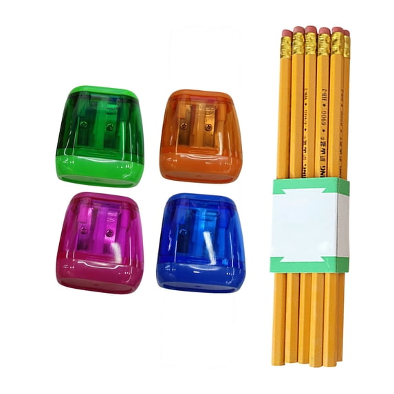 Hyknon 4Pcs Manual Pencil Sharpener & 10 Pcs Pencil, Multicolor Double Hole Pencil Sharpeners, Compact Portable Handheld Pencil Sharpener with Snap-on Lid, Transparent Sharpener for Classroom Home