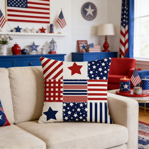 Hyknon 4th of July Patriotic Pillow Covers, 18×18Inch Red White Blue Independence Day Throw Pillow Case, Heart USA Flag Memorial Day Cushion Covers, Patchwork Decor Pillowcases for Home Sofa Holiday