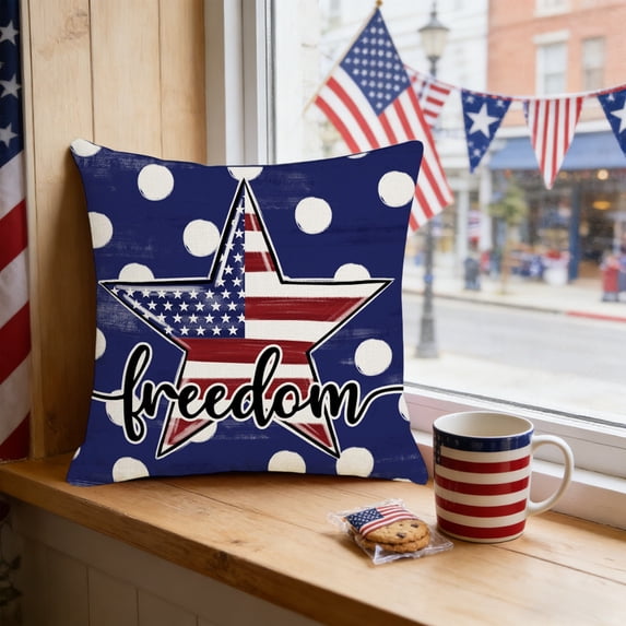 Hyknon 4th of July Patriotic Pillow Covers, 18×18Inch Red White Blue Independence Day Throw Pillow Cases, Stars Stripes Memorial Day Cushion Covers, Dot Decorative Pillowcases for Home Sofa Holiday