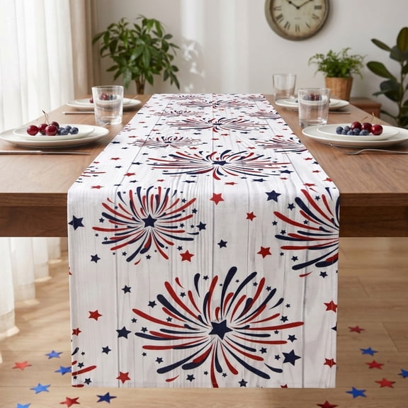 Hyknon 4th of July Table Runner Decorations Patriotic Washable Table Runners Star Fireworks 250th Anniversary Table Decor for Dining Kitchen Memorial Day Party Favors, Linen