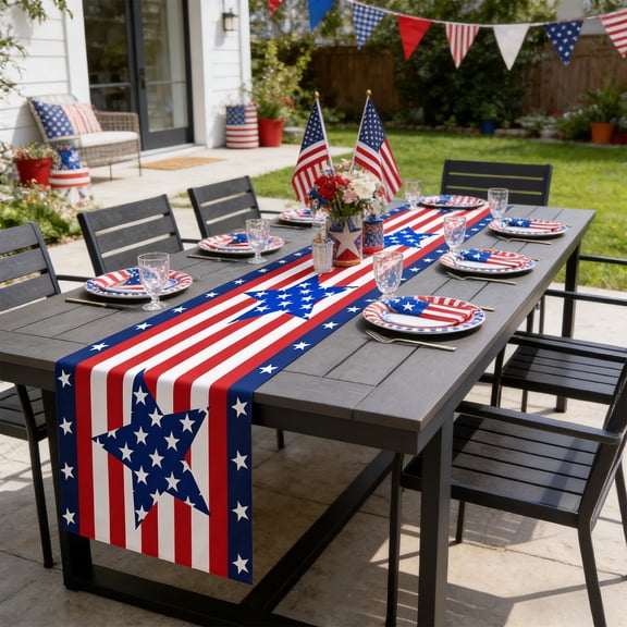 Hyknon 4th of July Table Runner Patriotic Striped Red White Blue Table Decor for 250th Anniversary Decorative Waterproof Table Runner for Dining Kitchen Party Favors
