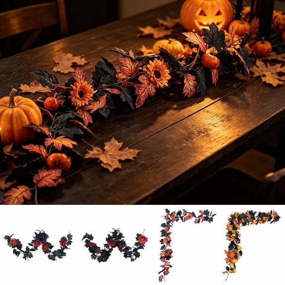 Hyknon 5.7 FT Artificial Fall Maple Leaf Garland, Autumn Vines Maple Leaf Garlands, Sunflowers & Mini Pumpkins Harvest Hanging, Flexible Table Runner Greenery Swag for Thanksgiving Mantel Home Decor