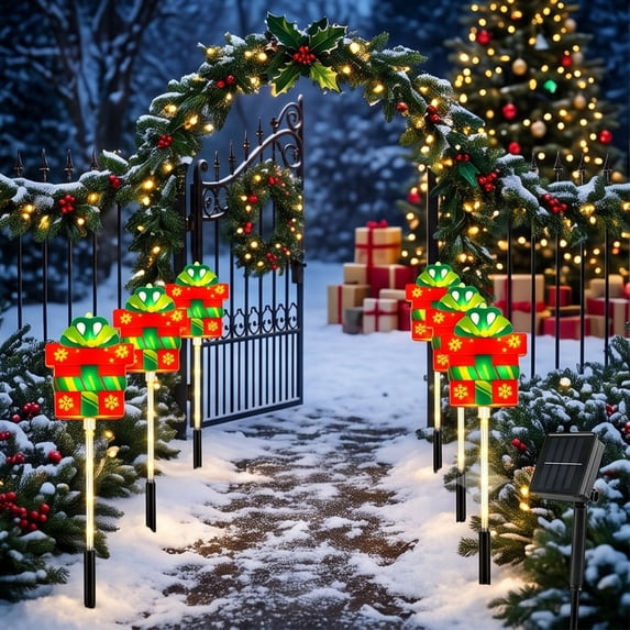 Hyknon 5 Pack Solar Christmas Pathway Lights, Warm LED Waterproof Outdoor Stake Lights with Auto On Dusk, Wire Free Garden Ground Lamps for Yard Walkway Holiday Decor