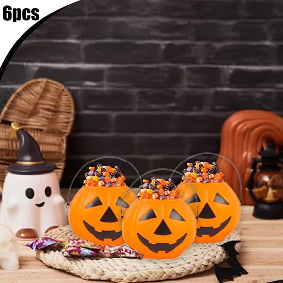 Hyknon 6 PCS Mini Halloween Candy Holder, Portable Spooky Pumpkin Jack-o-Lantern Face Pumpkin Ghost Basket Bucket, Candy Snack Gifts Storage Bucket for Trick-or-Treat Party Decor 1.6"×4.3", Orange