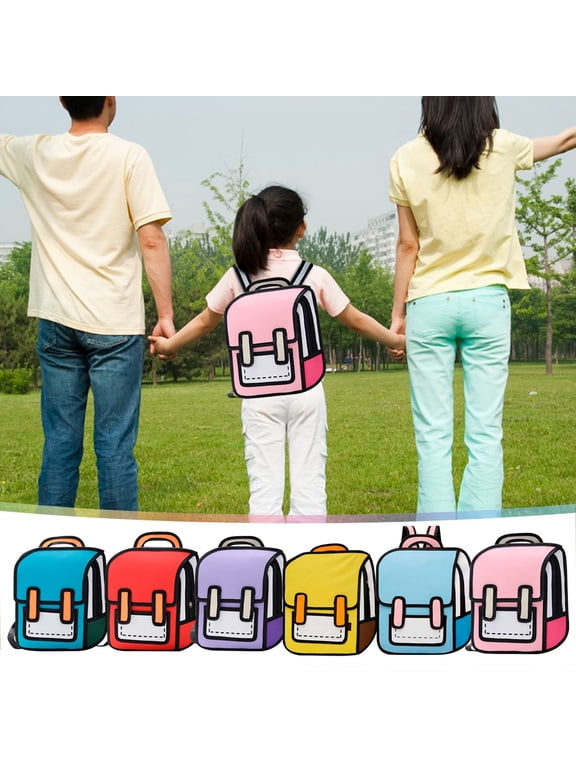 6D Cartoon Outline Comic Backpack for Women, Lightweight Multi-Layer Daypack with Adjustable Strap, Cute Unique Flat Drawing Shoulder Bag for Daily Outings Travel Outdoor Activities, Yellow