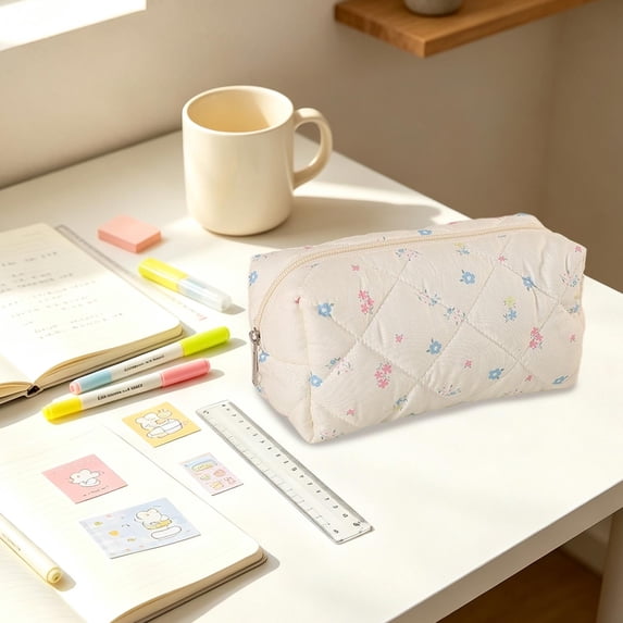 Hyknon Aesthetic Pencil Case, Quilted Floral Pencil Pouch with Zipper, Cute Zipper Pencil Bag for Office Classroom Stationery Storage Supplies