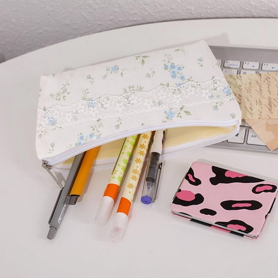 Hyknon Aesthetic Pencil Case for Women, Cute Floral Zipper Pencil Pouch with Lace, Large Capacity Pen Bag, Stationery Organizer for Office Classroom Storage Supplies