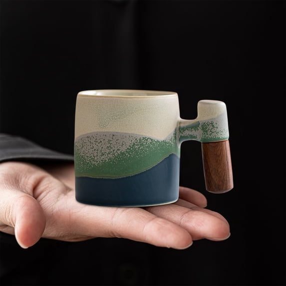Hyknon Small Coffee Mug Handmade Gradient Ceramics Coffee Cup with Wooden Handle Reuable Dishwasher Safe Tea Cup Gifts for Women Men Colleague