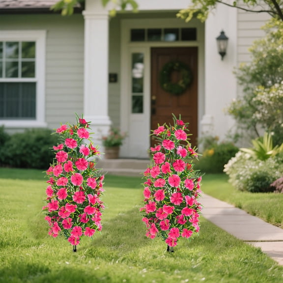 Hyknon Artificial Dianthus Flowers with Stake, UV Resistant Fake Outdoor Plants with Leaves, Faux Silk Phlox Bushes, No-Fade Garden Patio Yard Decor, Fake Flowers for All-Season Landscaping, Red