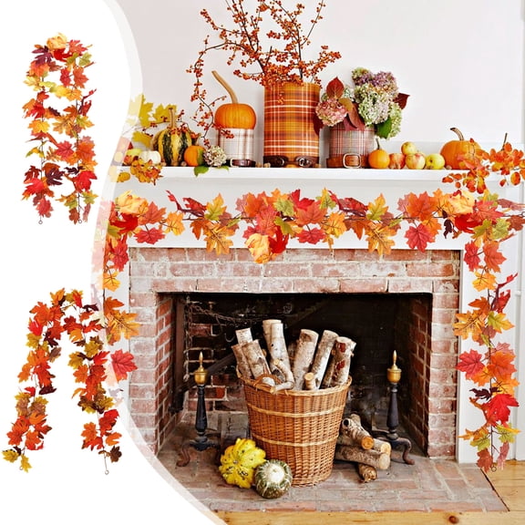 Hyknon Artificial Hanging Maple Leaf Garland, Flexible Fake Autumn Foliage Vine, Realistic Fall Maple Leaves Strand for Stair Railing Mantel Door Wedding Thanksgiving Halloween Outdoor 66.9Inch ( C )