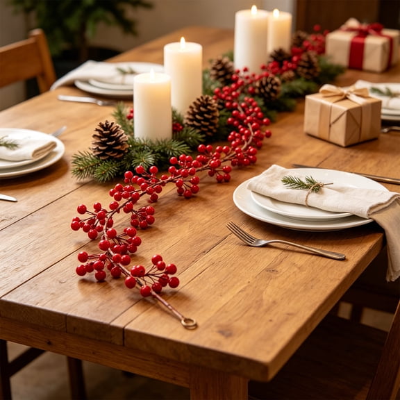 Hyknon Artificial Red Berry Garland, Realistic Farmhouse Red Berry Branches, Waterproof Vase Filler DIY Floral Decor for Thanksgiving Christmas Fall Mantel Table Centerpiece Supplies
