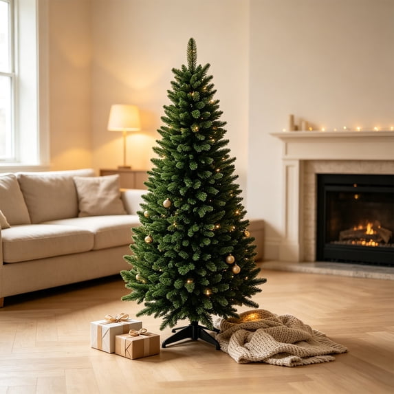 Hyknon Artificial Small Christmas Tree, Realistic Faux Pine Tabletop Decor with Metal Stand, Green Mini Desk Xmas Tree, Easy Assembly Holiday Decor for Home Entryway Apartment Indoor Decor 47.24" H