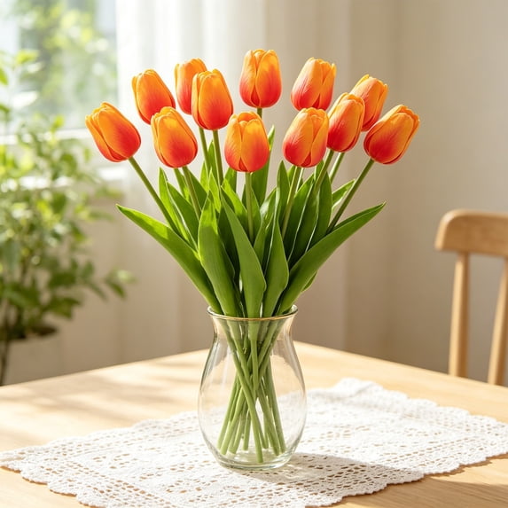 Hyknon Artificial Tulips Flowers, Faux Silk Flower Picks with Stems, Realistic Bendable DIY Floral Bundles, Real Touch Fade Resistan Bouquet Decor for Indoor Decor Table Centerpieces Wedding Home 13"