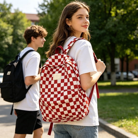 Hyknon Backpack for Women Men, Classic Checkerboard Travel Backpack with Multi‑Pocket, Minimalist Large‑Capacity Storage Bag, Fashion Casual Daypack Backpack for Camping Outdoor Activities, Red