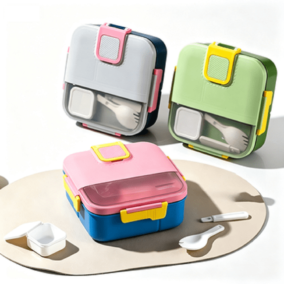 Hyknon Bento Box, 4 Compartment Lunch Box with Sauce Cup, Portable Reusable Lunch Case with Spoon, Snap-Lock Leakproof Microwave-Safe Meals Box, BPA-Free Lunch Containers for Work Picnic Trips, Pink