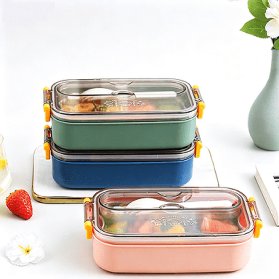 Hyknon Bento Box, 700ML Plastic Body 480ML Stainless Steel Liner Lunch Box with Spoon, Portable Microwave Lunch Case, Lockable Leakproof Meals Box, Storage Containers for Work Picnic Office, Pink
