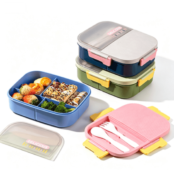 Hyknon Bento Box for Adults, 4 Compartment 1250ML Portable Lunch Box, Reusable Lunch Case with Spoon Fork, Leakproof Microwave-Safe Meals Box, BPA-Free Storage Containers for Work Picnic Trips, Blue