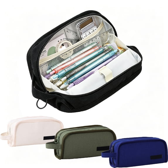Hyknon Black Pencil Case Large Capacity Zipper Pencil Pouch with Side Handle Canvas Minimalists Makeup Stationery Storage Bag for Travel College Office Supplies