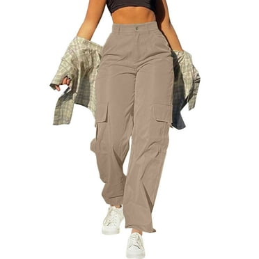 Hyknon Cargo Pants Women Fall Fashion Multi Pocket Straight Leg High Waisted Outdoor Hiking Pants Loose Fitting Solid Color Workout Pants