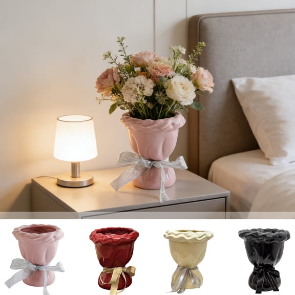 Hyknon Ceramic Flower Vase, 5.7 Inch Simple Elegant Vases with Bow Tie, Modern Home Ornament Decoration, Bouquet Shape Ornament for Dining Table Living Room Shelf Wedding Bedroom, Black