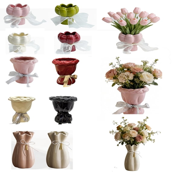 Hyknon Ceramics Flower Vase with Ribbon Bows Decorative Small Flower Vases for Bouquet Tabletop Red Vase for Living Room Office Bathroom