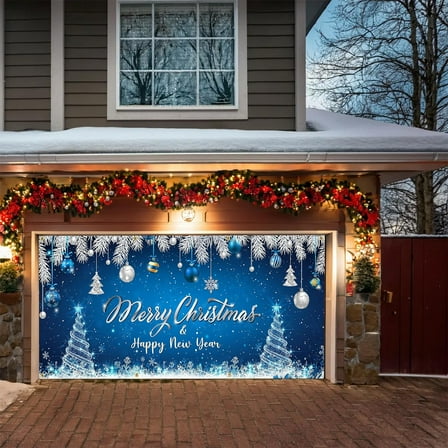 Hyknon Christmas Garage Door Cover for Christmas Decor Blue Merry Christmas Door Banner Backdrop Winter Door Decoration for Holiday Outdoor