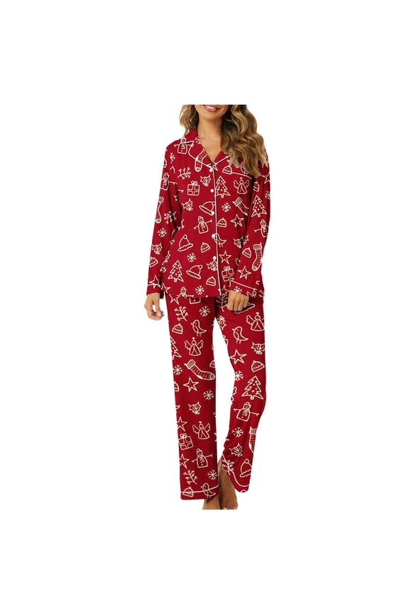 Christmas Pajamas for Women Holiday Party Christmas Printed Two Piece Pajama Sets Loose Fitting Turndown Collar Long Sleeve Shirts and Long Pajama Pants