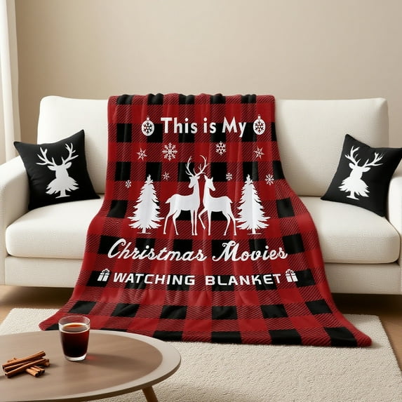 Hyknon Christmas Throw Blanket, Christmas Decoration Soft Flannel Red and Black Buffalo Plaid Quilt with Reindeer Pattern Xmas Nap Blanket for Sofa Couch Car Bedroom or Living Room