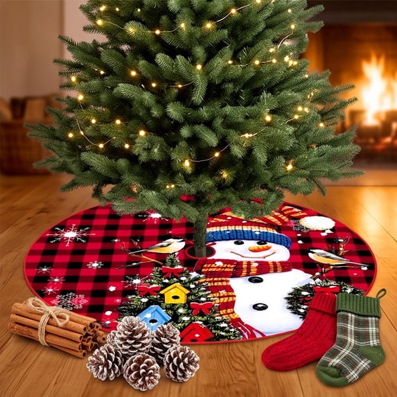 Hyknon Christmas Tree Skirt, 35.43" Round Red Black Plaid Tree Skirt, Snowman Season Themed Tree Base Mat, Rustics Thick Reusable Festive Xmas Tree Base Cover for Indoor Xmas Holidays Home Decor