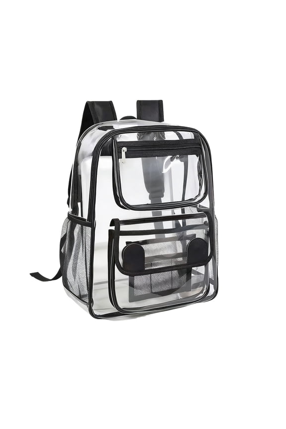 Clear Backpack Heavy Duty, 16 Inch Large Capacity Transparent Backpack with Pockets, Waterproof Clear Daypack with Reinforced Strap, PVC See Through Bag for College Work Casual Sport, Black
