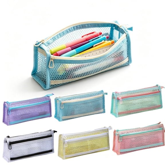 Hyknon Clear Mesh Pencil Pouch, Large Capacity Dual Zipper Pencil Case with 2 Compartments, Waterproof Travel Makeup Bag for Classroom Exam Office Stationery Organization