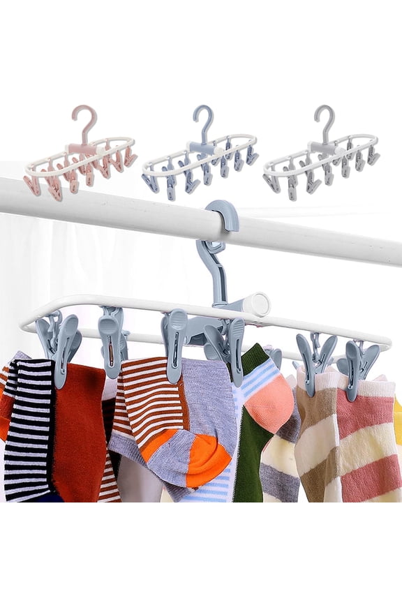 Clothes Drying Racks, Folding Portable Clothes Drying Hanger with 12 Clips 363° Rotatable Hook, MultiPurpose Laundry Hanger Indoor Outdoor Drying Socks Bras Underwears, Pink