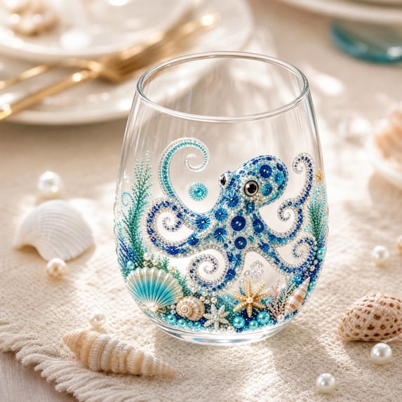 Hyknon Coastal Wine Glass, Sea Life Themed Glass Cup, Stemless Drinking Glass for Wine Cocktail Beach House Kitchen Decor, Gift for Women Men