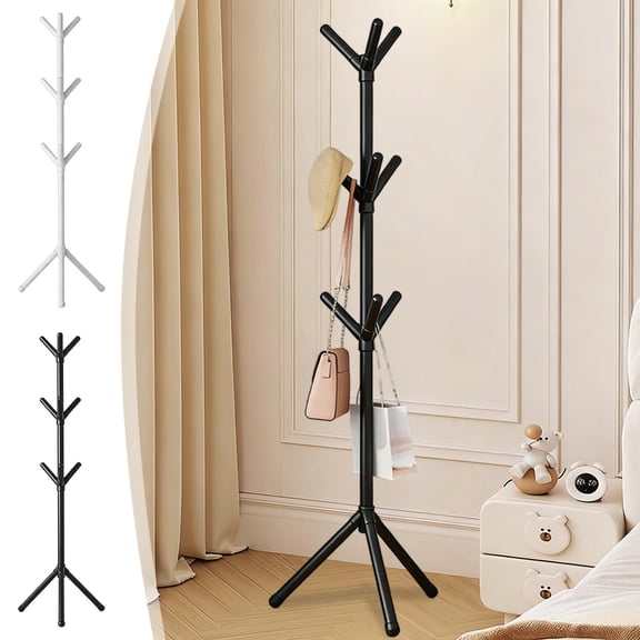 Hyknon Coat Rack, Freestanding Coat Rack with 9 Hooks, Easy Assemblyl Simple Houseware Standing Coat Standing Tree, Coat Racks for Bedroom Hallway Entrance for Coats Hats Scarves Handbags, White