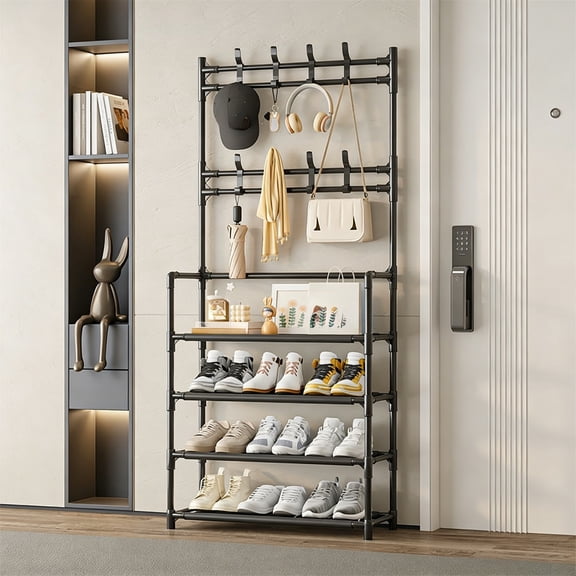 Hyknon Coat Rack with Storage Shelf, 4 Tier Coat and Shoe Rack, Simple Houseware Freestanding Hall Tree, Entryway Coat Rack with 8 Hooks, Double Row Coat Organizer for Living Room Bedroom （M）