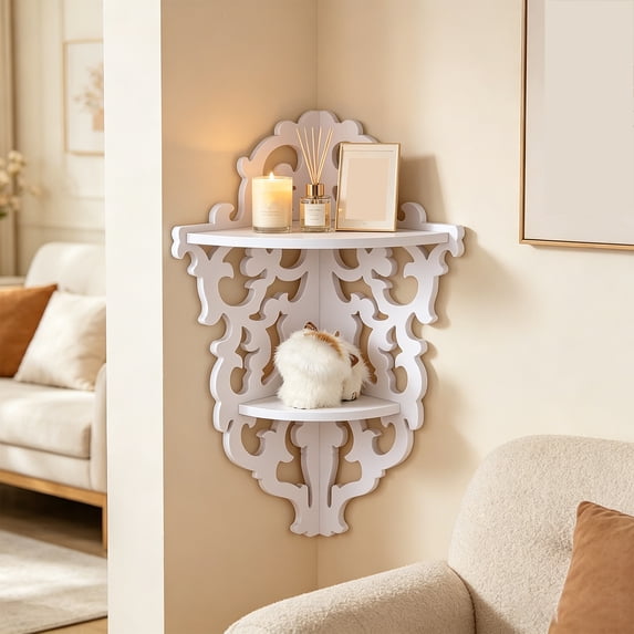 Hyknon Corner Floating Shelf Wall Mounted, Wooden Space-Saving Corner Storage Shelf, Corner Display Rack for Decor Organization, Butterfly/Flower Hanging Storage Shelf for Living Room Bedroom, White