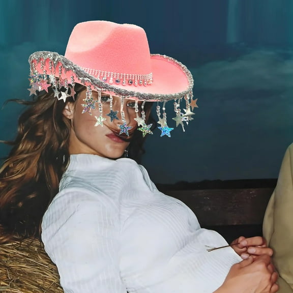 Hyknon Cowboy Hat Christmas Costume Shimmering Sequins Star Fringe White Cowboy Hats with Rhinestone Male Windproof Fabric Hat Western Hats for Men Women Party